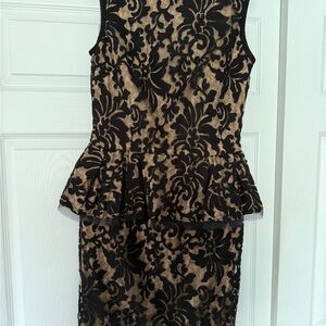 Tadashi Shoji Black Lace Overlay with Beige Underlay Peplum Midi Dress